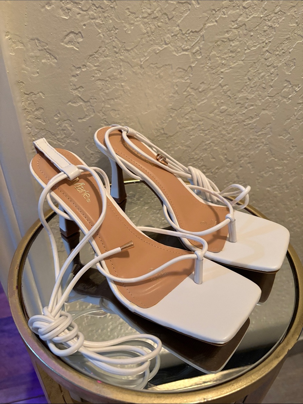 Bella Marie White Strappy Square-Toe Lace-Up Heels